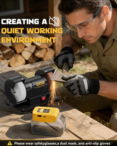 Built Like A Tank 3 Inch Mini Bench Grinder With Knockout Variable Speed Up To 10000 Rpm And Ac Adapter featuring a worker sharpening a tool.