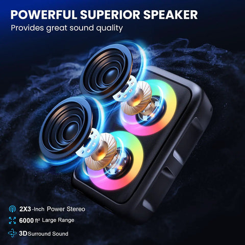 Karaoke Party Bluetooth Speaker with Dual Wireless Microphones, powerful stereo sound with colorful lights, floorstanding system.