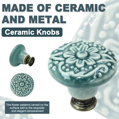 Six Pack Green Ceramic Kitchen Cabinet Knobs With Two Screw Sizes And Included Mini Screwdriver For Easy Installation, 34mm Diameter And 30mm Height, Durable Modern Hardware For Cabinets Or Drawers - green floral ceramic knob