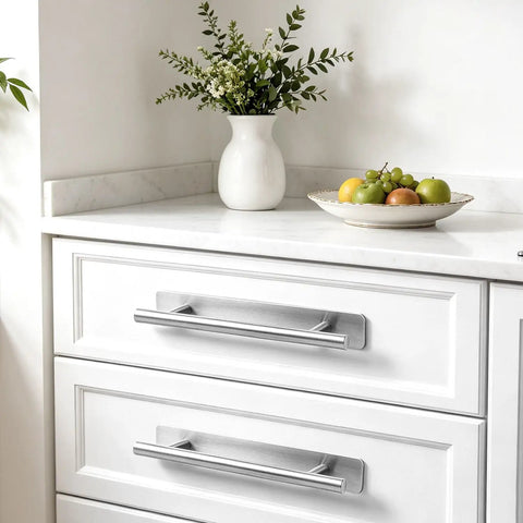 6 Inch Brushed Stainless Cabinet Pulls Self Adhesive No Drill Drawer Handles on white kitchen cabinetry