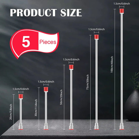 Five Piece Airless Paint Sprayer Extension Poles With Red Guard Adjustable Short To Long Lengths Up To Forty Inches Durable Aluminum Rods Easy Attach Ideal For DIY Home Painting And Projects displayed with size measurements