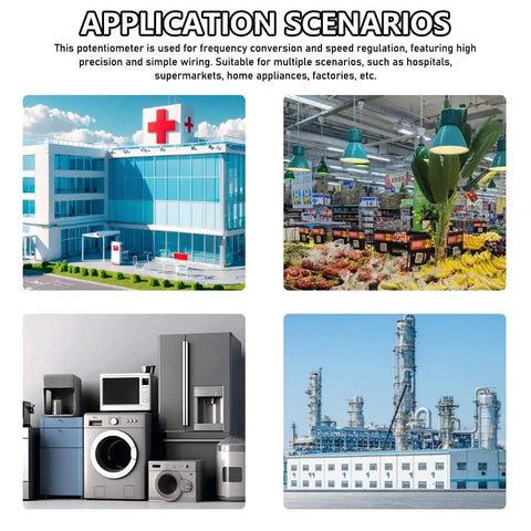 Application scenarios for LA42DWQ-22 22mm 10K Ohm Rotary Potentiometer in hospitals, supermarkets, home appliances, and factories.