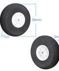 Aluminum Main Landing Gear Wheel Kit For RC Airplane Cessna 182 55mm Wheel 198mm Long Gear 73mm Tall 9 To 20mm Width 2mm Thick Hardware Included 40 Size ARF PNP Replacement Part, showing 54mm diameter wheels with 3mm thickness, black and white design.