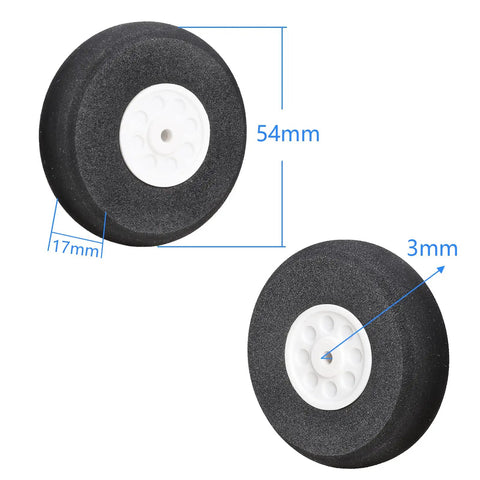 Aluminum Main Landing Gear Wheel Kit For RC Airplane Cessna 182 55mm Wheel 198mm Long Gear 73mm Tall 9 To 20mm Width 2mm Thick Hardware Included 40 Size ARF PNP Replacement Part, showing 54mm diameter wheels with 3mm thickness, black and white design.