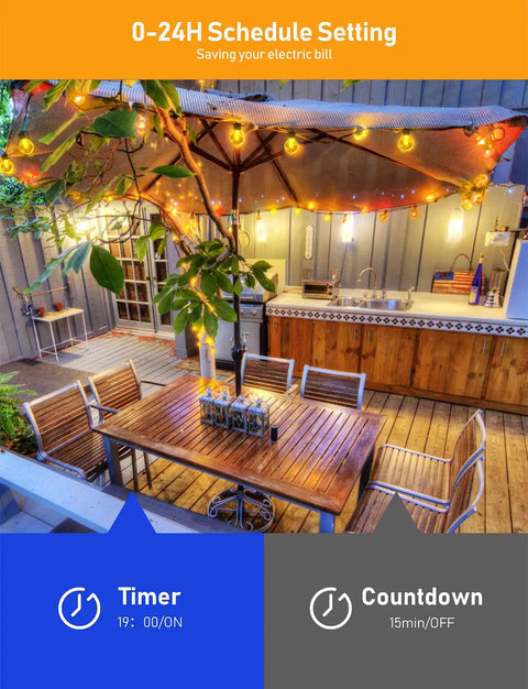 Lit Dimmer Enabled Outdoor String Lights 100Ft LED Patio With App Control above patio table with timer settings displayed