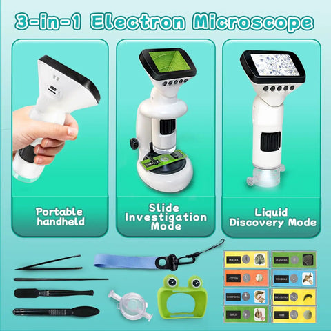 Portable Kids Microscope Kit With Twelve Slides And Two Point Four Inch Digital Screen 200X To 1000X Magnification Handheld Microscope For STEM Learning Kid Friendly Hands On Science Toy Gift For Ages Three To Twelve, 3-in-1