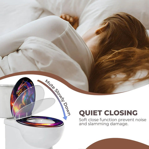 Generic Round Toilet Seat for Bathroom with soft close feature and colorful design, shown partially open near a woman sleeping.