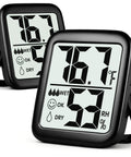 2 Pack Indoor Thermometer And Hygrometer With Real Time Temperature And Humidity Readings, Dual Sensors For More Accurate Monitoring, Wide Range From -58 To 158 F Or -50 To 70 C, 10% To 99% RH For Home And Office. Black digital display units showing temperature and humidity