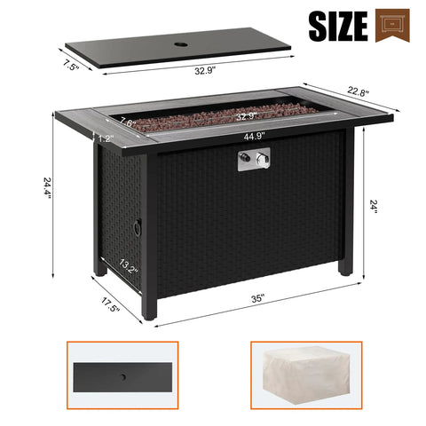 Diagram showing dimensions of 45 Inch Propane Fire Pit Table With 50,000 BTU Output And Lid, Dual Use Outdoor Gas Firepit.