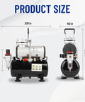Front and side view of Oil Free Airbrush Compressor AS186 With 3L Tank Regulator And Moisture Trap Portable Quiet 47 dB