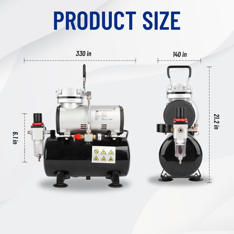 Front and side view of Oil Free Airbrush Compressor AS186 With 3L Tank Regulator And Moisture Trap Portable Quiet 47 dB