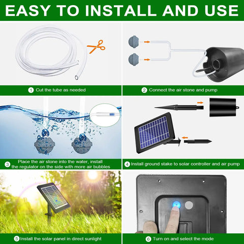 Installation steps for Pond Aerator With Independent Solar Air Pump Wire-Free Setup, illustrating easy assembly process.
