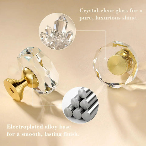 Crystal Glass Cabinet Knobs Set Six Pack Gold Polygon Drawer Pulls One And A Quarter Inch reflective glass with gold base