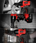 Cordless Impact Wrench Half Inch For Cars And RVs, used on car wheel and metal frame, showing compact design.