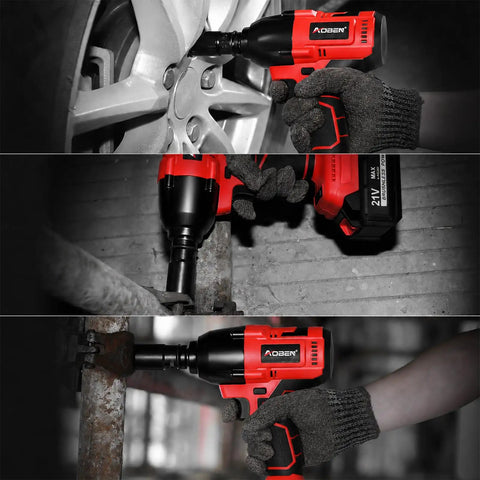 Cordless Impact Wrench Half Inch For Cars And RVs, used on car wheel and metal frame, showing compact design.