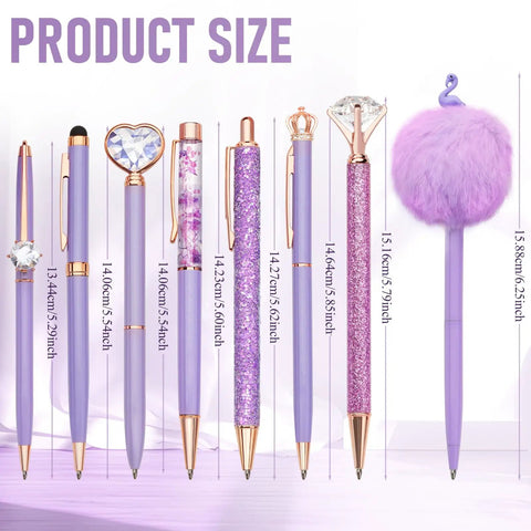 Purple Crystal Diamond Pens Set 8 Metal Pens In Different Styles With Black And Blue Ink For Journaling And Office Use
