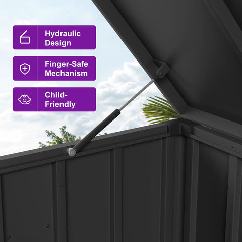 Close-up of hydraulic mechanism inside Outdoor Deck Box 120 Gallon Waterproof Lockable Storage Container With Lid