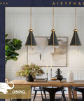 Dining room with trio of Two Pack Dope Black And Gold Pendant Lights With Adjustable Chain For Kitchen Island Bar Dining Room.