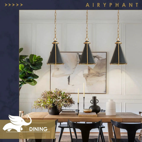 Dining room with trio of Two Pack Dope Black And Gold Pendant Lights With Adjustable Chain For Kitchen Island Bar Dining Room.