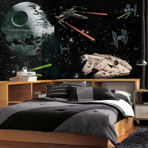 Star Wars Classic Vehicles Water Activated Removable Wall Mural, 10.5 Ft By 6 Ft, Paper, Black Finish in a kid's room above a bed