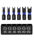 Solid As A Rock Six Piece Magnetic Spanner Bit Set In S2 Steel With Sp4 Sp6 Sp8 Sp10 Sp12 And Sp14 Sizes displayed in a tool holder.