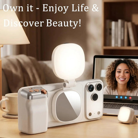Phone Camera Grip With Light And Wireless Remote, Magnetic Ring, And 360 Degree LED Selfie Light for content creation setup.