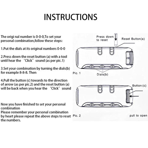Instructions for setting 3-digit combination on Lockable Fireproof Money Bag With Zipper Pouch, showing reset and button features