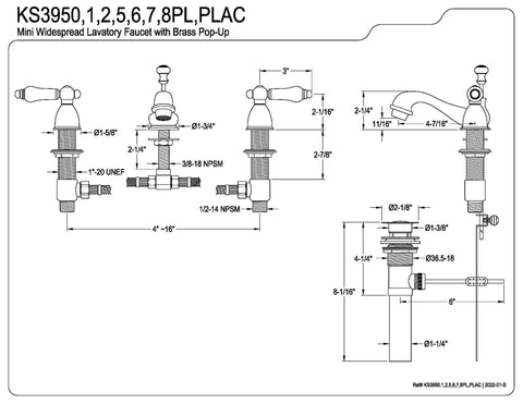 Technical diagram of Go To Restoration Mini Widespread Lavatory Faucet With Porcelain Lever Handle In Polished Brass, showing dimensions.