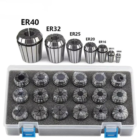 Heavy Duty Precision ER Collet Set For Machine Tools With A And B Grade Chuck Holders For Boring Milling Tapping Up To 0.005mm Accuracy That Won't Crack Or Deform During Tough Jobs in a plastic case with varied sizes.