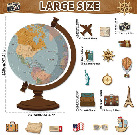 Travel Theme Bulletin Board Set With Vintage Globe Cutouts And World Map Decor For Classrooms Back To School Wall Display Ideal For Teachers And Students 34.4 By 47.2 Inches Centerpiece Spans 59 By 59 Inches When Fully Arranged, featuring travel icons like suitcase and Eiffel Tower
