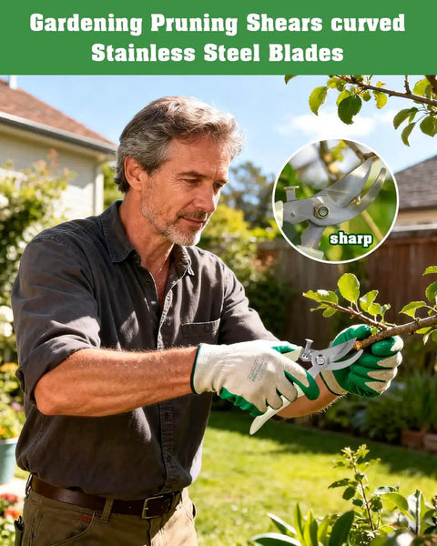 Man using Four Pack Garden Shears Set with Stainless Steel Blades for pruning in garden