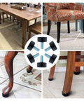 Eight Pack M8 Adjustable Rubber Furniture Levelers installed on chair and table legs for wobble reduction and floor protection.