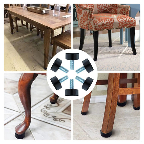 Eight Pack M8 Adjustable Rubber Furniture Levelers installed on chair and table legs for wobble reduction and floor protection.