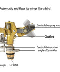Rock Built Heavy Duty Brass Impact Sprinkler Head With Smooth 0 To 360 Degree Coverage Pattern For Big Time Patio Lawn Irrigation And Zero Drama Hose Hookup All Season, showing controls and outlet.