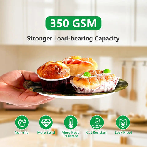 Hand holding Deer Hunting Party Tableware Set For Men And Women, 250 Pieces Camouflage Forest Theme Serves 50 Guests plate with food