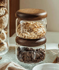 Four Piece Glass Storage Jars With Airtight Wooden Lids Wide Mouth Canister Set For Coffee Beans Sugar Tea Kitchen Pantry Upgrade with oats and coffee.