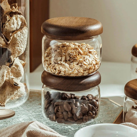 Four Piece Glass Storage Jars With Airtight Wooden Lids Wide Mouth Canister Set For Coffee Beans Sugar Tea Kitchen Pantry Upgrade with oats and coffee.
