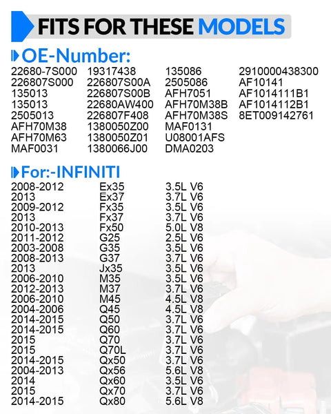 Upgraded Mass Airflow Sensor 22680 7S000 MAF Sensor Fits Nissan Altima Maxima Sentra 350Z 370Z Xterra Murano Infiniti G37 G35 Direct Fit Replacement For Smooth Idle Better MPG And Reliable Performance fitment chart