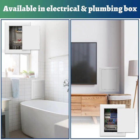 No Drama Peel And Stick Drywall Access Panel 5 x 7 Inch Heavy Duty Plastic Plumbing Hole Cover White in bathroom and living room.