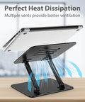 Adjustable Laptop Stand for Desk, Foldable Riser Holder With Ventilated Cooling shown on desk supporting a laptop