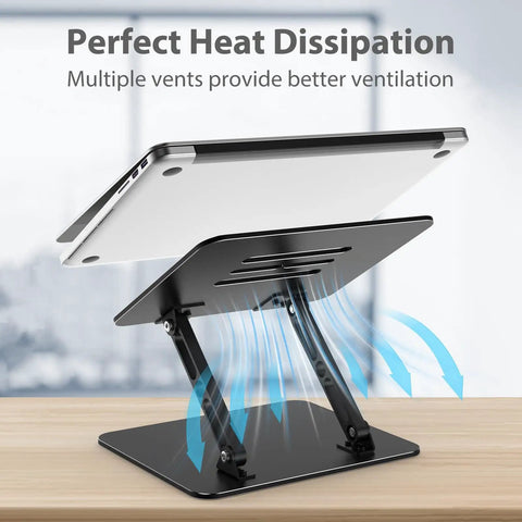Adjustable Laptop Stand for Desk, Foldable Riser Holder With Ventilated Cooling shown on desk supporting a laptop