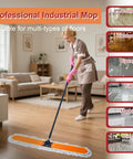 Heavy Duty Commercial Dust Mop With Extended Handle And Thick Cotton Pads For Slick Wet Or Dry Sweep And Badass Daily Cleanup Throughout Your Business Or Warehouse Space being used on wood floor.