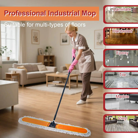 Heavy Duty Commercial Dust Mop With Extended Handle And Thick Cotton Pads For Slick Wet Or Dry Sweep And Badass Daily Cleanup Throughout Your Business Or Warehouse Space being used on wood floor.