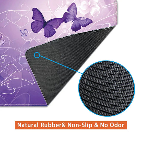 Desk Pad Protector For Office And Home All Day Non Slip Mouse Pad 23.6 By 11.8 Inches Purple Butterfly Desk Mat With Durable Stitched Edges Non Slip Blotter For Smooth Keyboard And Mouse Glide, showing purple butterflies and non-slip backing.