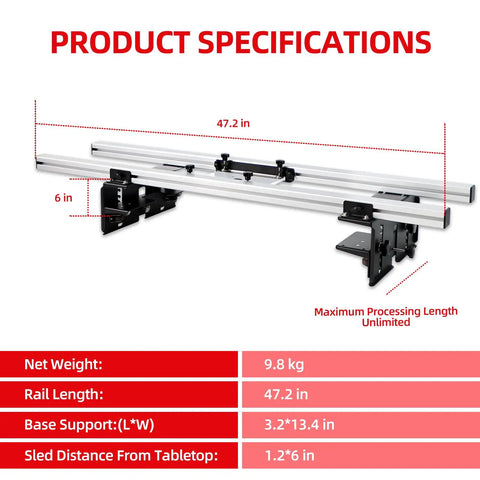 Router Sled For Flattening Slabs Three Axis 48 Inch Height Adjustment System with 47.2in rails and specifications chart.