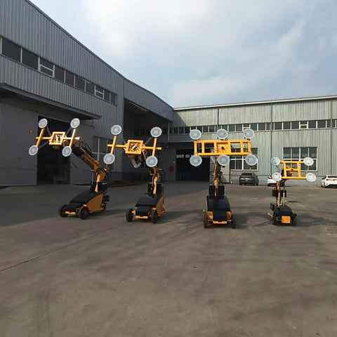 Pro Grade Mobile Hydraulic Glass Vacuum Lifter Suction Cups For Marble Granite Stone Slabs Heavy Duty Job Site Rigging Gear With Slick Handling For Crews displayed outdoors with operational arms and suction cups.