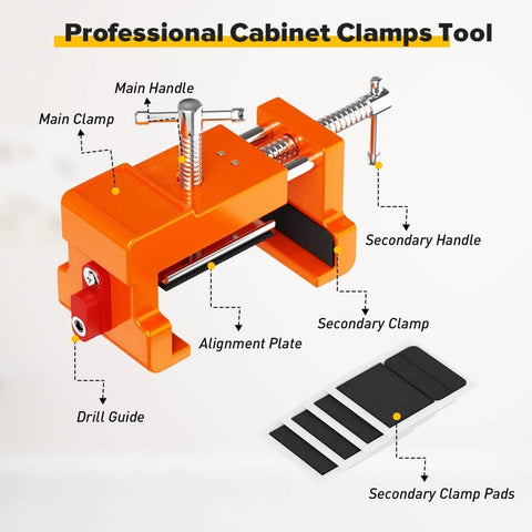 Heavy Duty Cabinet Face Frame Clamps 2 Pack With Alignment Plate And Side Screws, 440 Lbs Load, 4 Inch Opening, Orange clamp with parts labeled