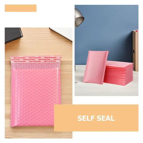 Pink Bubble Padded Mailers Self Seal Envelopes 100 Pack for Jewelry and Makeup Supplies shown on a desk.