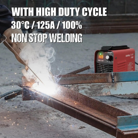 Welding scene with 125A 110V Mini Arc Welder With True 125A Output for DIYers on the go, showcasing duty cycle at 30°C, 100% use.