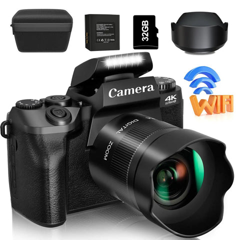 4K Digital Camera For Photography And Video, 64MP Pro Grade High Resolution Stills, WiFi Touch Screen Vlogging Camera For YouTube, Webcam, 32GB Card, Lens Hood, 3000mAh Battery, Black